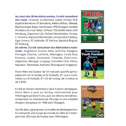 Page bibliographie de Horst Wein présentant ses ouvrages de référence sur le football, le FUNiño et l'intelligence de jeu.