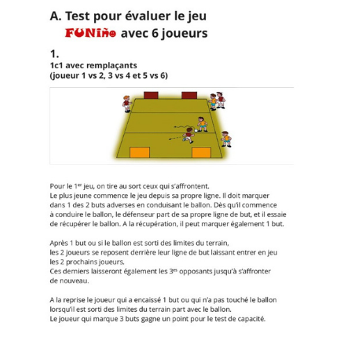 Page du livre FUNiño présentant les tests de capacité de jeu en format 3 contre 3 pour évaluer le niveau des joueurs.
